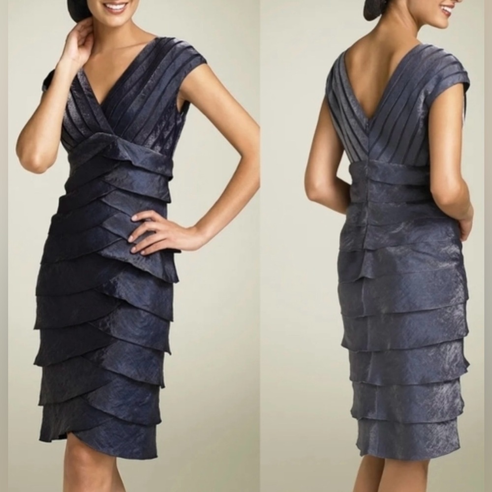 Adrianna Papell‎ Grey Metallic V-N  Sheath Dress Layers Ruffles Cocktail Dress 8